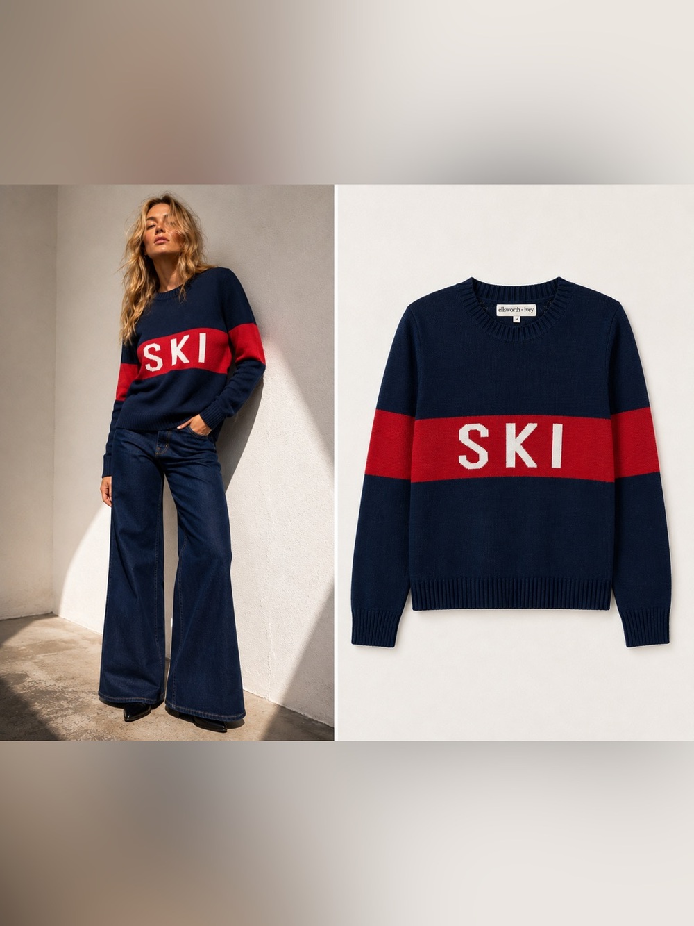 New! Ellsworth + Ivey Sadie Crewneck SKI Sweater Navy Red Size M